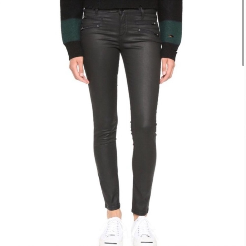 DL1961 Florence Instasculpt Coated Skinny Jeans Black Leather Look Crop Size 28